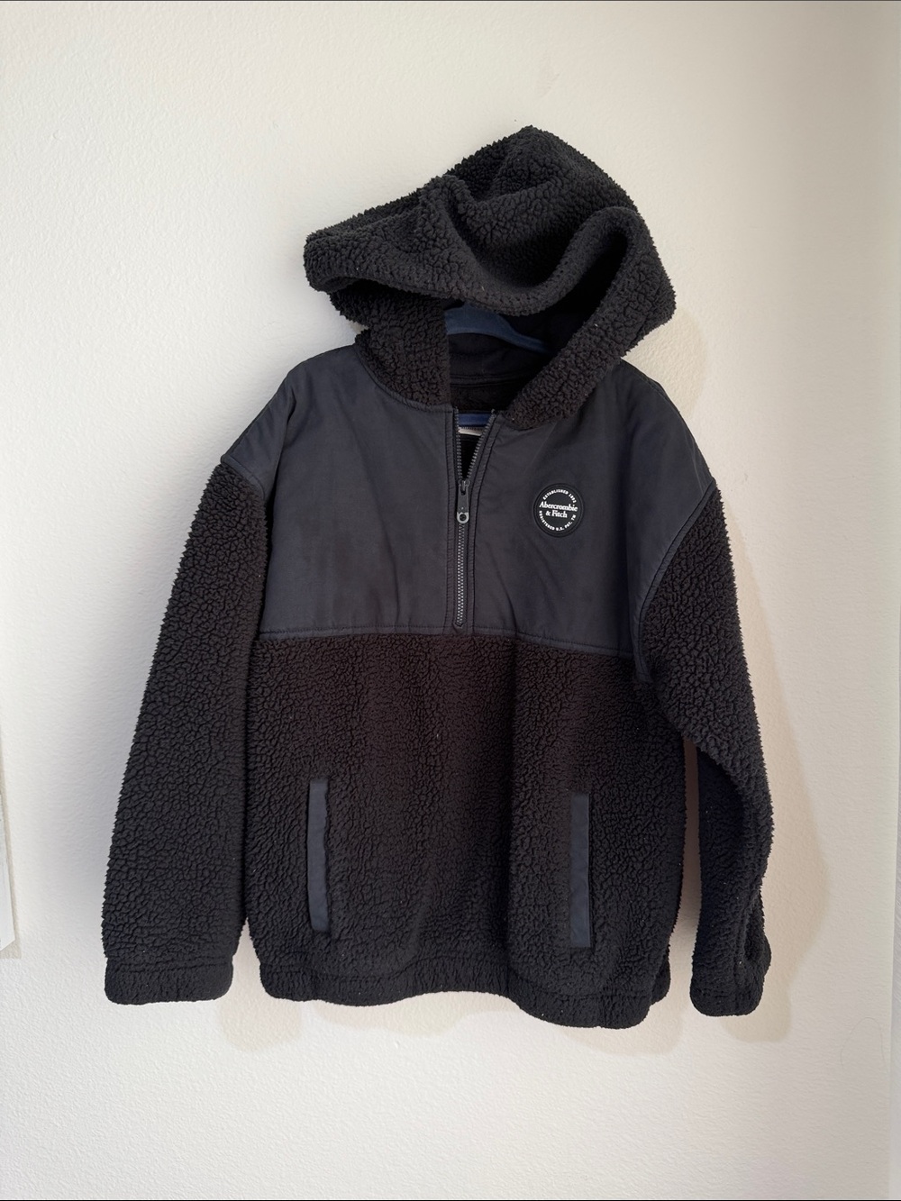 Kids Black Sherpa Half-Zip Hoodie Abercrombie and Fitch